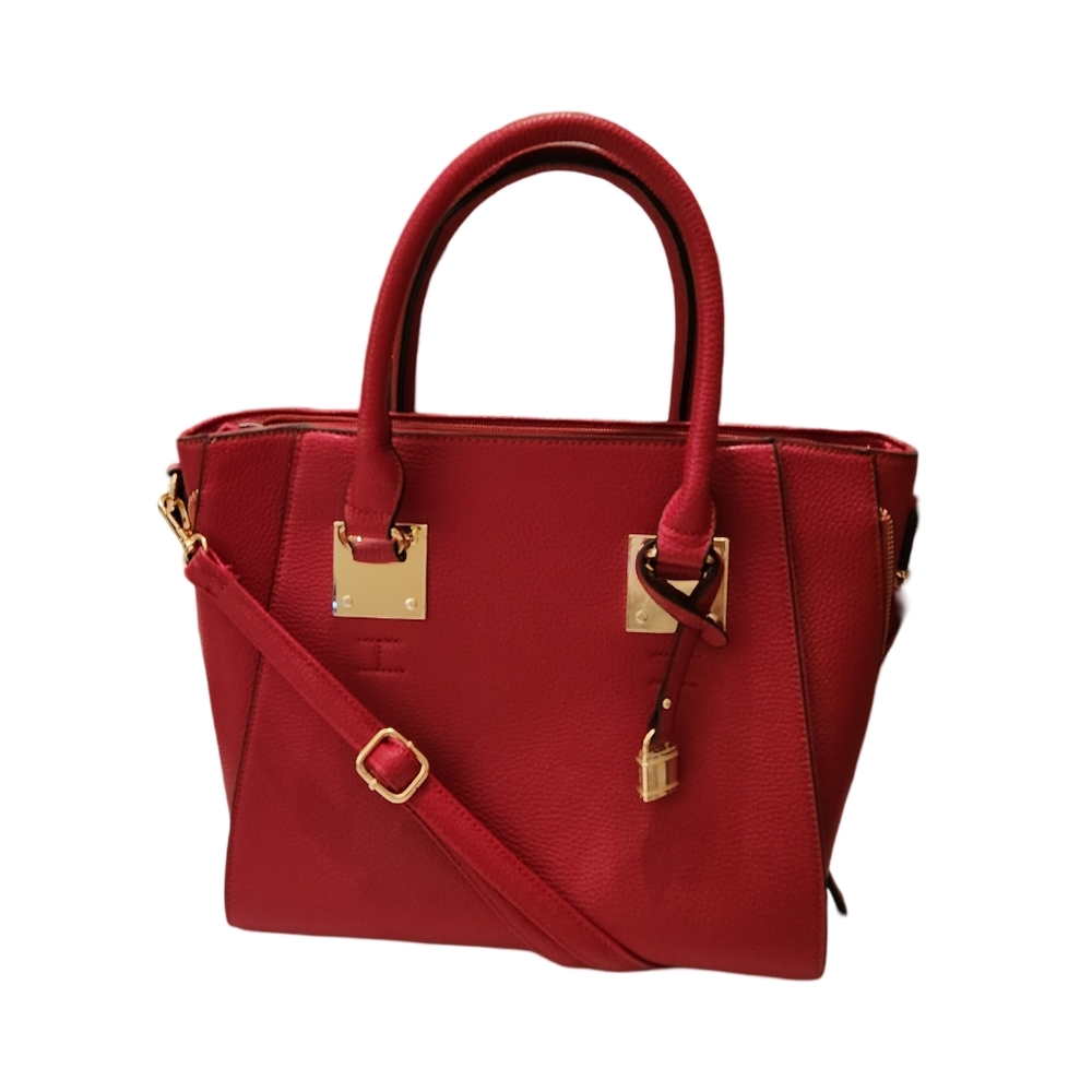 Red Structured Tote Handbag with Gold Hardware